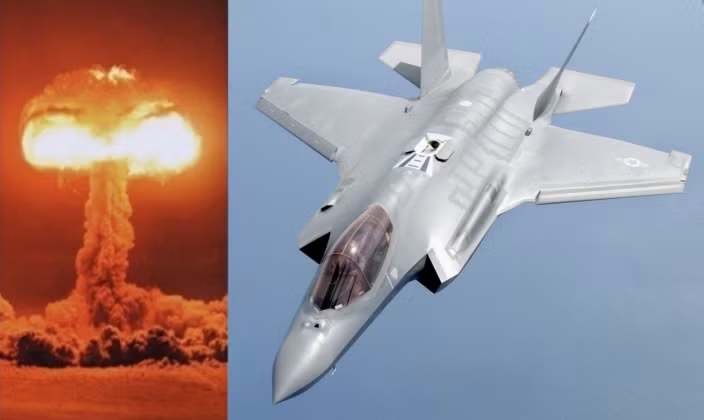 Máy bay F-35 (bên phải) và một vụ nổ hạt nhân. Ảnh: MW.