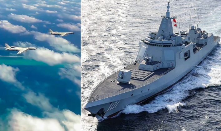 Tàu khu trục Type 055 và máy bay ném bom H-6 trên bầu trời khu vực Scarborough. Ảnh: MW.
