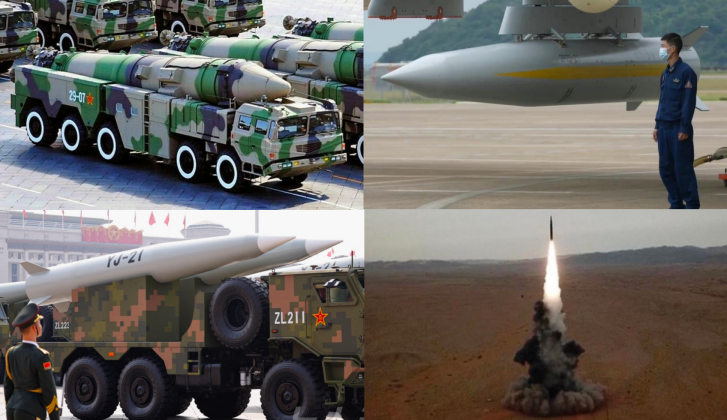 Các tên lửa đạn đạo chống hạm DF-21D, YJ-21 phóng từ máy bay, DF-26 và YJ-21 phóng từ tàu chiến. Ảnh: MW.