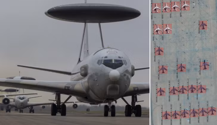 Ảnh chụp máy bay E-3 (bên trái) và ảnh vệ tinh của máy bay tiếp nhiên liệu KC-135 và máy bay cảnh báo sớm E-3 AWACS tại căn cứ không quân Prince Sultan ở Arab Saudi. Ảnh: MW.