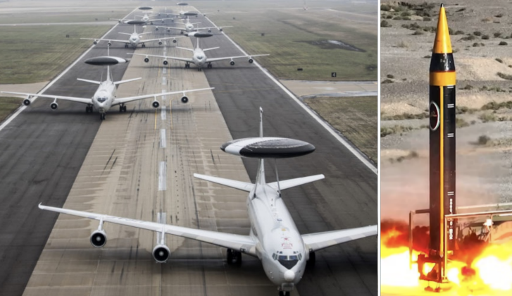 Máy bay E-3 AWACS của Mỹ và tên lửa Khorromshahr 4 của Iran. Ảnh: MW.