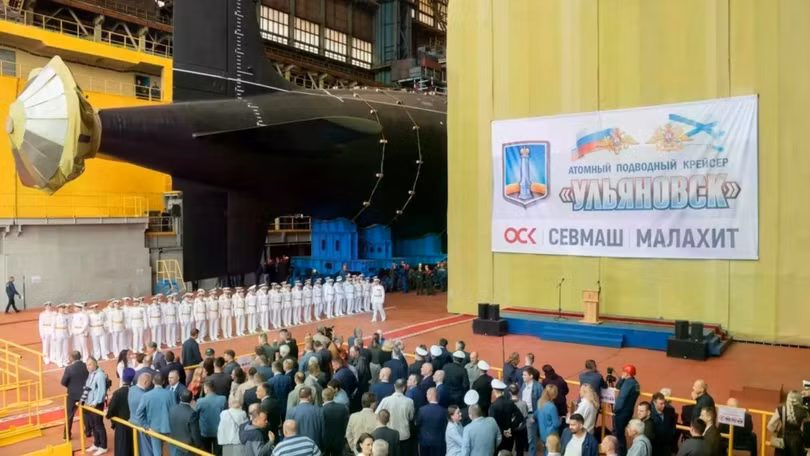 Lễ hạ thủy tàu ngầm hạt nhân Project 885M Ulyanovsk. Ảnh: USC.
