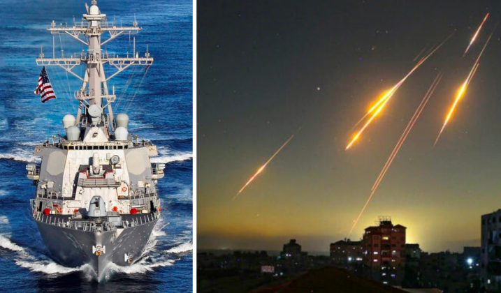 Tàu khu trục lớp Arleigh Burke và cảnh tên lửa Iran dội xuống lãnh thổ Israel. Ảnh: MW.