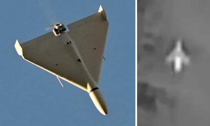 Mẫu UAV Shahed 136 và một mẫu UAV gắn động cơ phản lực mới của Nga chưa được làm rõ. Ảnh: MW.