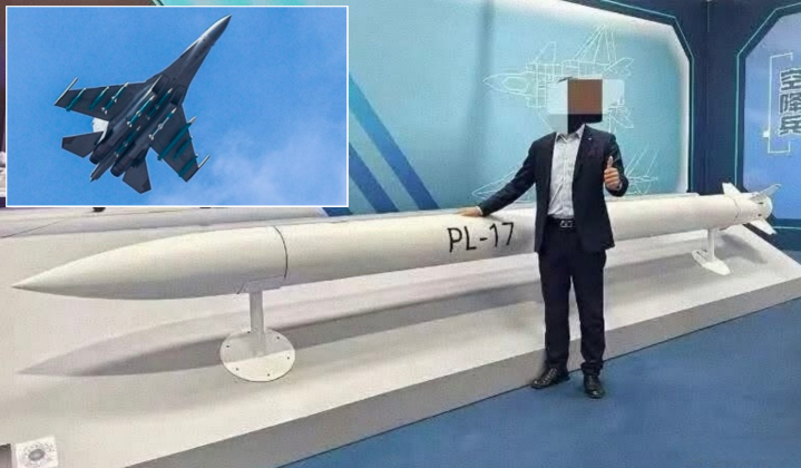 Tên lửa PL-17 và máy bay chiến đấu J-16 trang bị tên lửa PL-17. Ảnh: MW.