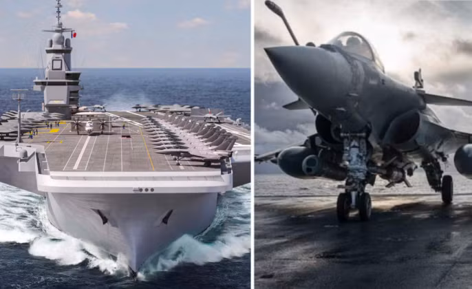 Hình ảnh minh họa tàu sân bay thế hệ tiếp theo của Pháp và máy bay chiến đấu Rafale M. Ảnh: MW.