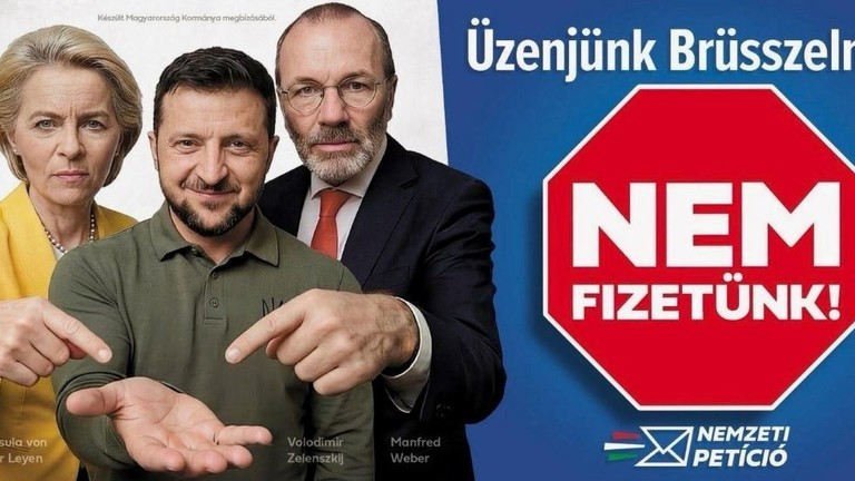 Áp phích vận động của chính phủ Hungary kêu gọi người dân tham gia bản kiến ​​nghị quốc gia về việc tài trợ cho Ukraine. Ảnh: Getty.