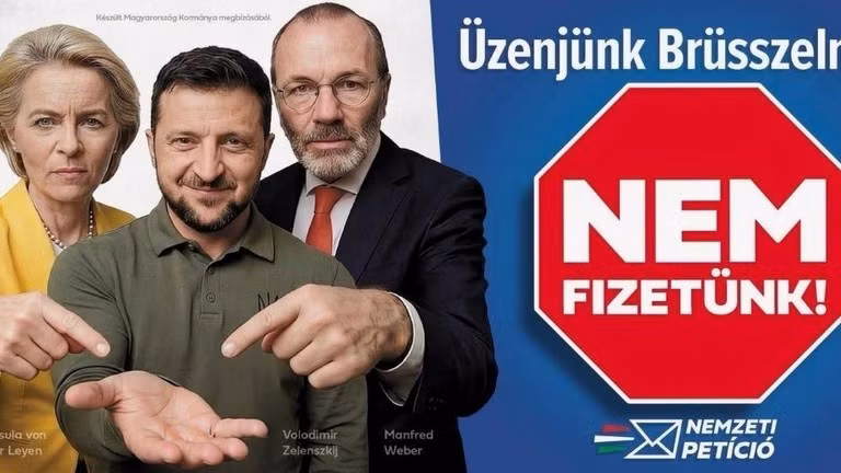 Áp phích vận động của chính phủ Hungary kêu gọi người dân tham gia bản kiến ​​nghị quốc gia về việc tài trợ cho Ukraine. Ảnh: Getty.
