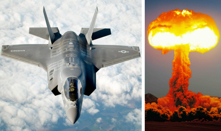 Máy bay F-35 và hình ảnh một vụ nổ hạt nhân. Ảnh: MW.