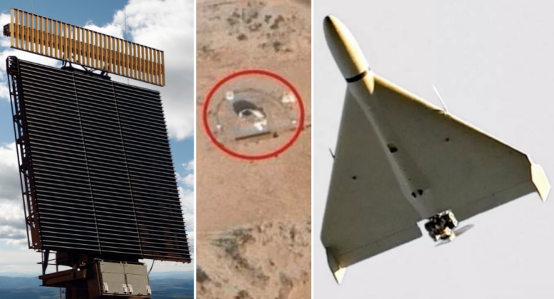 Radar AN/FPS-117, hình ảnh radar bị phá hủy ở Arab Saudi và mẫu UAV Shahed-136. Ảnh: MW.