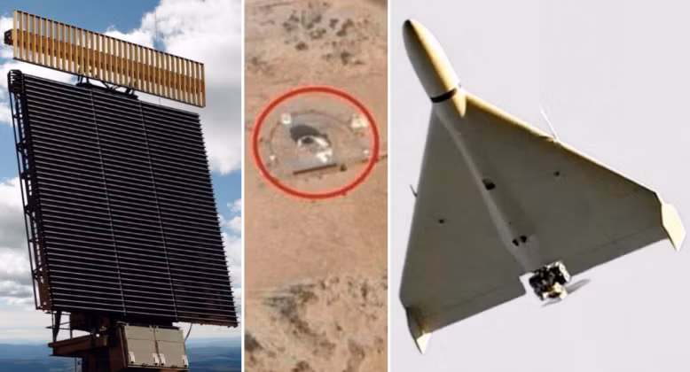 Radar AN/FPS-117, hình ảnh radar bị phá hủy ở Arab Saudi và mẫu UAV Shahed-136. Ảnh: MW.