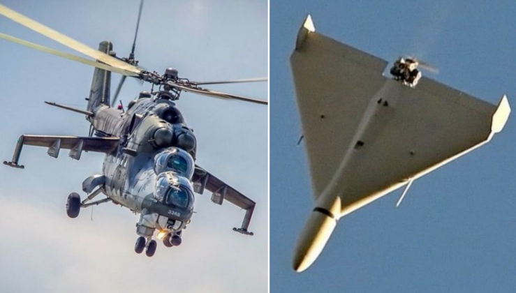 Máy bay trực thăng Mi-24 và máy bay không người lái Shahed-136. Ảnh: MW.