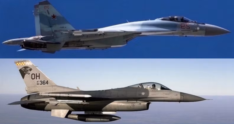 Máy bay chiến đấu Su-35 (trên) và F-16. Ảnh: MW.