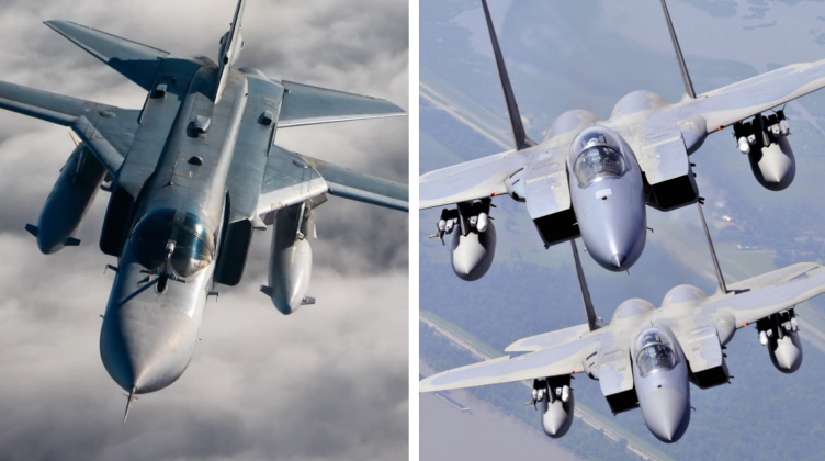 Chiến đấu cơ Su-24M (bên trái) và F-15. Ảnh: MW.