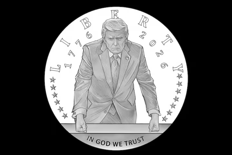 Thiết kế đồng xu vàng kỷ niệm 500 năm thành lập nước Mỹ, khắc họa hình ảnh Tổng thống Donald Trump. Ảnh: U.S. Mint.
