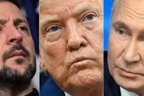 Tổng thống Ukraine Volodymyr Zelensky (trái), Tổng thống Mỹ Donald Trump (giữa) và Tổng thống Nga Vladimir Putin. Ảnh: aFP.