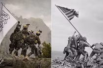 Bức ảnh kinh điển "Cắm cờ trên đảo Iwo Jima" và ảnh nhái (trái) khiến người Mỹ tức giận (Ảnh: Dwnews).
