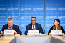  Tổng thư ký WHO Tedros Adhanom (giữa), ông Michael Ryan (trái) và bà Van Kelkhoff tại cuộc họp báo về thành lập SAGO (Ảnh: WHO).