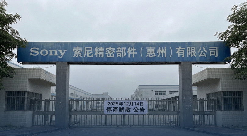 Nhà máy Sony ở Huệ Châu thông báo ngừng hoạt động, chuyển dây chuyền sang Thái Lan. Tấm biến ở cổng ghi "Ngày 14/12/2025, thông báo ngừng sản xuất, giải thể". Ảnh: Newtalk.