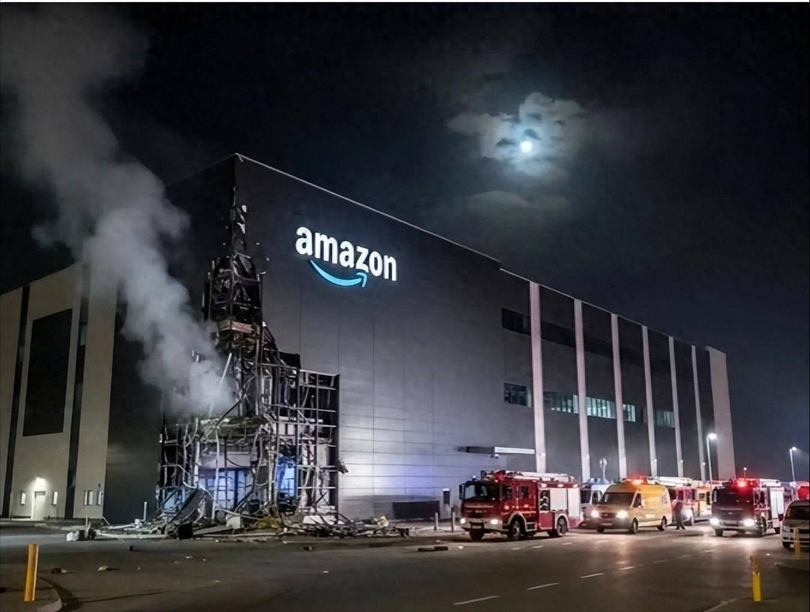 Một cơ sở của Amazon ở Các Tiểu vương quốc Ả Rập Thống nhất (UAE) cháy sau khi bị UAV Iran tấn công. Ảnh: Sohu.