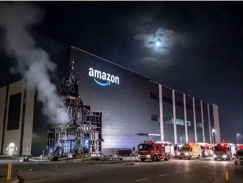 Một cơ sở của Amazon ở Các Tiểu vương quốc Ả Rập Thống nhất (UAE) cháy sau khi bị UAV Iran tấn công. Ảnh: Sohu.