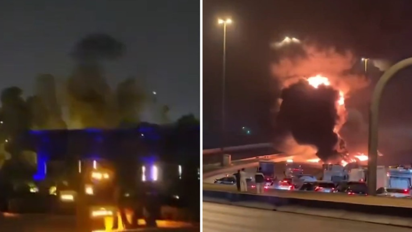 Hình ảnh tòa đại sứ quán Mỹ tại Riyadh bốc cháy sau khi bị UAV nghi của Iran tấn công rạng sáng 3/3. Ảnh: Singtao.