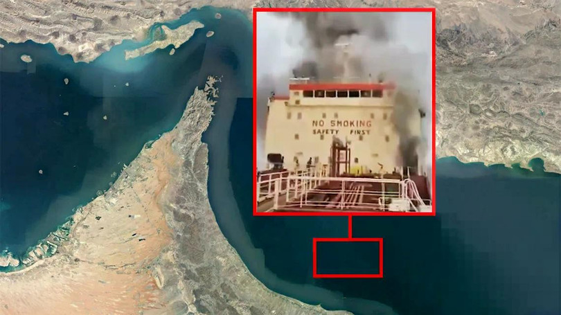 Tàu chở dầu MKD VYOM treo cờ Quần đảo Marshall bị xuồng không người lái cảm tử Iran tấn công hôm 1/3. Ảnh: TWZ.