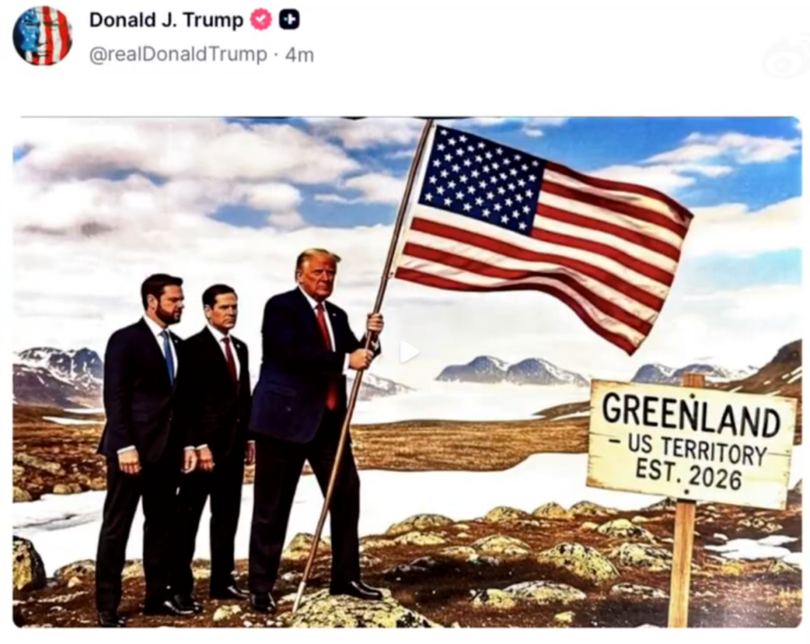 Bức ảnh các ông Trump, JD.Vance và M.Rubio mang cờ Mỹ đổ bộ lên Greenland được ông đăng trên mạng Truth Social. Ảnh: QQnews.