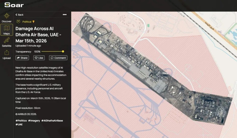 Ảnh của SoarAtlas về thiệt hại của căn cứ không quân Al Dhafra, UAE. Ảnh: QQnews.