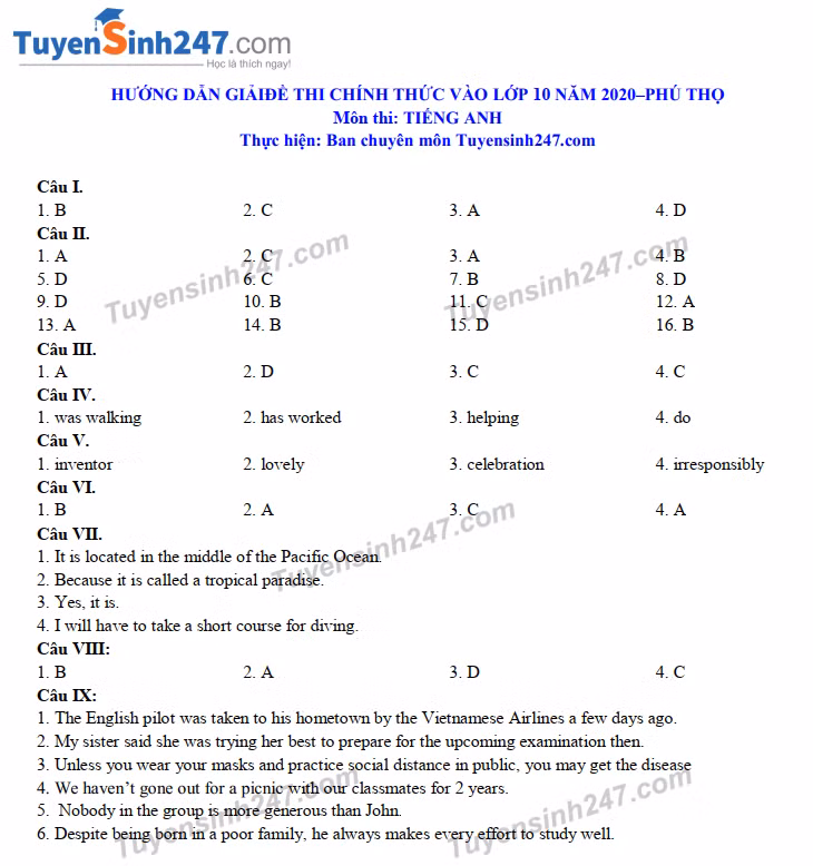 Đáp án tham khảo đề thi tuyển sinh vào lớp 10 môn Tiếng Anh tỉnh Phú Thọ năm 2020. Nguồn: TTHN