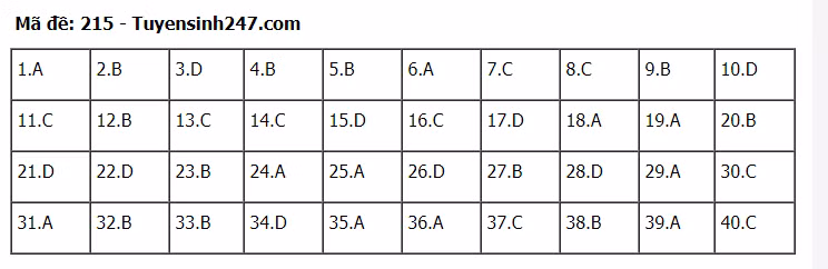 Đáp án tham khảo đề thi tốt nghiệp THPT năm 2020 môn Vật Lý mã đề 215. Nguồn: TTHN