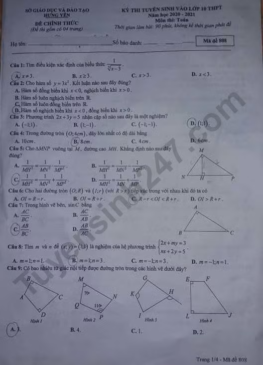 Đáp án đề thi vào lớp 10 môn Toán tỉnh Hưng Yên - Trang 1/4