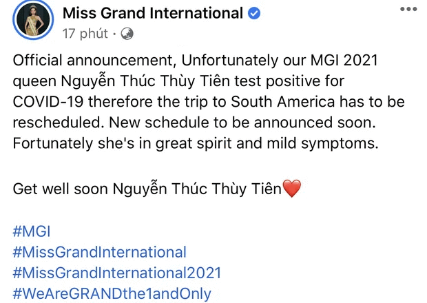 Fanpage Miss Grand International thông báo Hoa hậu Nguyễn Thúc Thuỳ Tiên nhiễm Covid-19