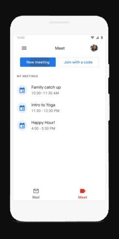 Tab Meet trên app Gmail sẽ hiển thị danh sách "My Meetings", đó là tất cả các cuộc gọi theo lịch trình sắp tới. Tab Meet trên app Gmail sẽ hiển thị danh sách