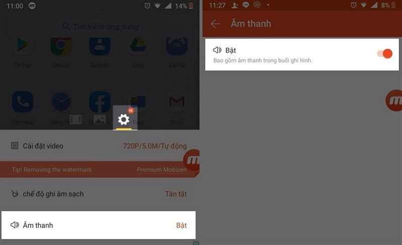 Hãy chọn vào biểu tượng cài đặt rồi bật mục âm thanh để thu cả âm thanh.