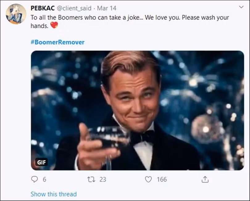 Một đoạn tweet: "Dành tặng cho tất cả những người già biết đùa ... Chúng tôi yêu các vị. Hãy nhớ rửa tay”. (Ảnh: Guan cha). Một đoạn tweet: "Dành tặng cho tất cả những người già biết đùa ... Chúng tôi yêu các vị. Hãy nhớ rửa tay”. (Ảnh: Guan cha).