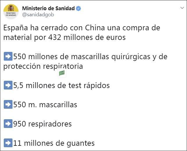 Trang Twitter viết về hợp đồng mua vật tư y tế của Trung Quốc trị giá 432 triệu euro (Ảnh:Guancha).