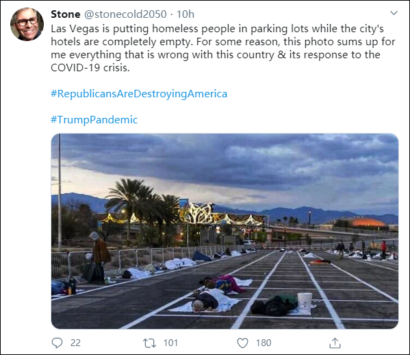 “Las Vegas sắp xếp những người vô gia cư ở bãi đậu xe, trong khi các khách sạn của thành phố trống rỗng. Bức ảnh này tổng hợp tất cả các vấn đề ở đất nước này và cách nó ứng phó với khủng hoảng COVID-19" “Las Vegas sắp xếp những người vô gia cư ở bãi đậu xe, trong khi các khách sạn của thành phố trống rỗng. Bức ảnh này tổng hợp tất cả các vấn đề ở đất nước này và cách nó ứng phó với khủng hoảng COVID-19"