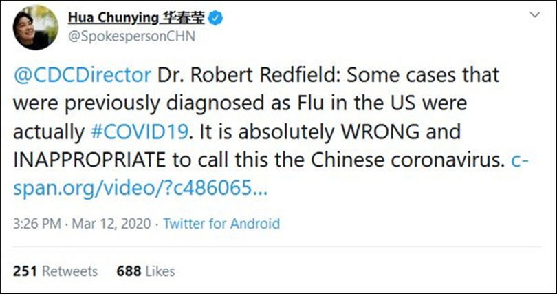 Tweet của bà Hoa Xuân Oánh cho rằng gọi virus Corona mới bằng tên "Virus Corora Trung Quốc" là sai trái và không phù hợp(Ảnh: Guancha).