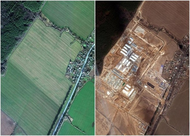 Hình ảnh vệ tinh của Mỹ cho thấy Nga đang xây một bệnh viện có sức chứa 500 giường ở ngoại ô Moscow (phải) (Ảnh: DF).