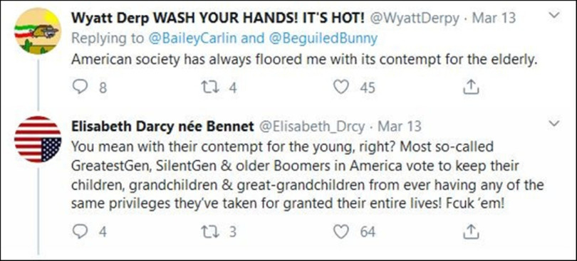 Một đoạn tweet độc địa: “Bạn cho rằng cần khinh miệt những người trẻ mới đúng phải không? Hầu hết những người được gọi là thế hệ vĩ đại nhất (những người trải qua Thế chiến I, Thế chiến II và Đại suy thoái), Thế hệ im lặng (sinh năm 1920-1940) và Thế hệ bùng nổ trẻ em của người Mỹ, đều đã bỏ phiếu không để con, cháu, chắt của họ được chia sẻ đặc quyền một đời mà họ được ban tặng! Hãy để cho họ chết quách!”. Một đoạn tweet độc địa: “Bạn cho rằng cần khinh miệt những người trẻ mới đúng phải không? Hầu hết những người được gọi là thế hệ vĩ đại nhất (những người trải qua Thế chiến I, Thế chiến II và Đại suy thoái), Thế hệ im lặng (sinh năm 1920-1940) và Thế hệ bùng nổ trẻ em của người Mỹ, đều đã bỏ phiếu không để con, cháu, chắt của họ được chia sẻ đặc quyền một đời mà họ được ban tặng! Hãy để cho họ chết quách!”.