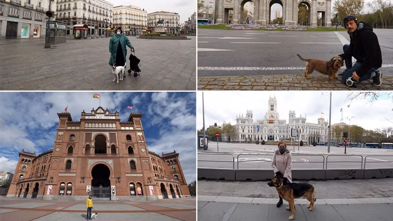 Bất chấp lệnh cấm ra khỏi nhà, nhiều người Tây Ban Nha vẫn dắt cho đi dạo (Ảnh: AP). Bất chấp lệnh cấm ra khỏi nhà, nhiều người Tây Ban Nha vẫn dắt cho đi dạo (Ảnh: AP).