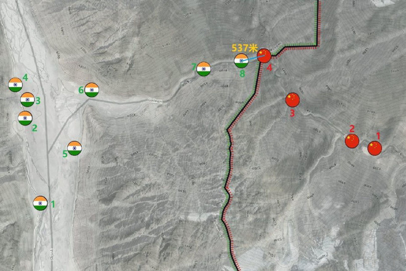 Bố trí binh lực hai quân đội hiện nay gần khu vực ngã ba xảy ra vụ xung đột hôm 15/6 (Ảnh: weibo).