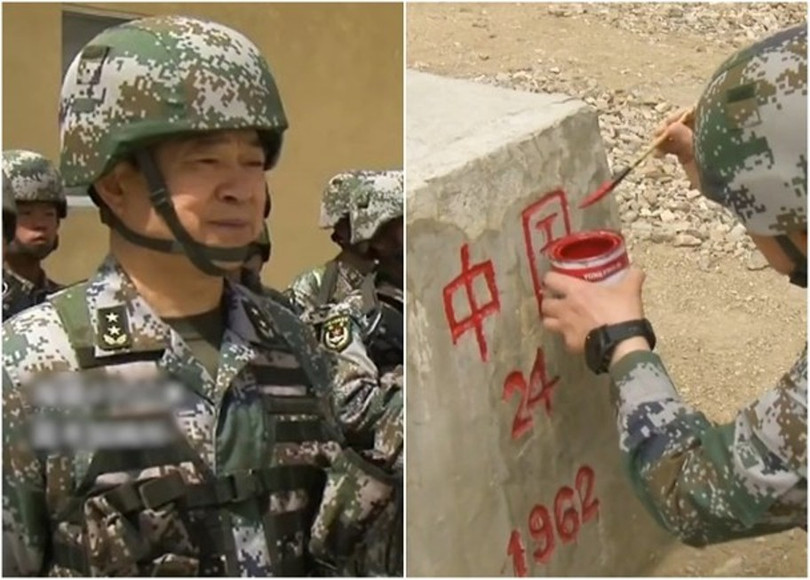 Tướng Vương Hải Giang, Tư lệnh Quân khu Tây Tạng (Trung Quốc) dẫn quân tuần tra biên giới và sơn lại cột mốc có số 1962, động thái được cho là nhằm đe dọa Ấn Độ (Ảnh: Đông Phương). Tướng Vương Hải Giang, Tư lệnh Quân khu Tây Tạng (Trung Quốc) dẫn quân tuần tra biên giới và sơn lại cột mốc có số 1962, động thái được cho là nhằm đe dọa Ấn Độ (Ảnh: Đông Phương).