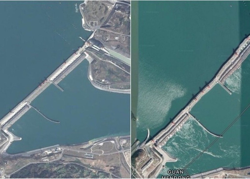 Ảnh vệ tinh cho thấy thân đập chính Tam Hiệp bị biến dạng rất rõ (phải) Ảnh: Đông Phương.