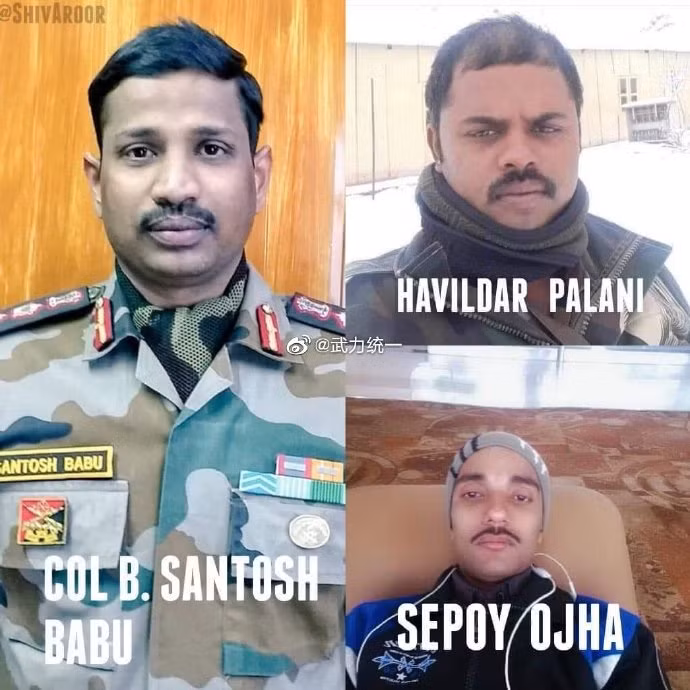 Đại tá Santosh Babu (trái) và hai binh sĩ Ấn Độ bị giết hại tại chỗ trong vụ xung đột tối 15/6 (Ảnh: Weibo).
