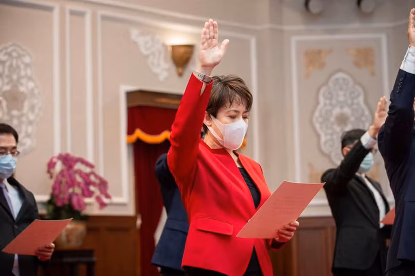 Bà Tiêu Mỹ Cầm tuyên thệ nhậm chức Đại diện Đài Loan tại Mỹ hôm 22/7 (Ảnh: Đa Chiều).