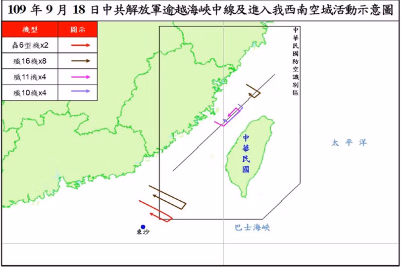 Trung Quốc tuyên bố không thừa nhận Đường trung tuyến trên eo biển Đài Loan và gần đây liên tục cho máy bay vượt qua con đường này (Ảnh: Đa Chiều).