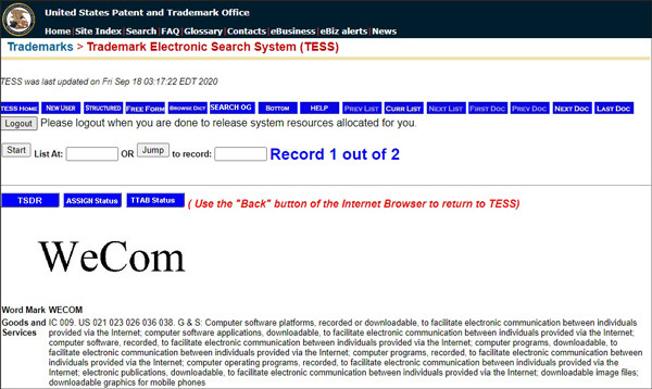WeCom đã được Tencent đăng ký nhãn hiệu ở Mỹ từ ngày 19/8 (Ảnh: Sina). WeCom đã được Tencent đăng ký nhãn hiệu ở Mỹ từ ngày 19/8 (Ảnh: Sina).