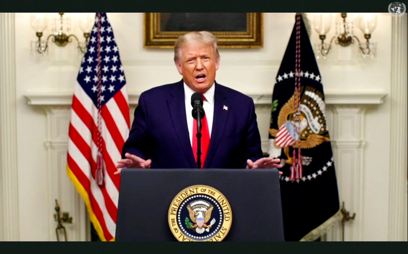 TRong bài phát biểu, Tổng thống Mỹ Donald Trump 12 lần nêu đích danh Trung Quốc, đề xuất Liên Hợp Quốc buộc Trung Quốc phải chịu trách nhiệm về đại dịch COVID-19 (Ảnh: Đa Chiều).